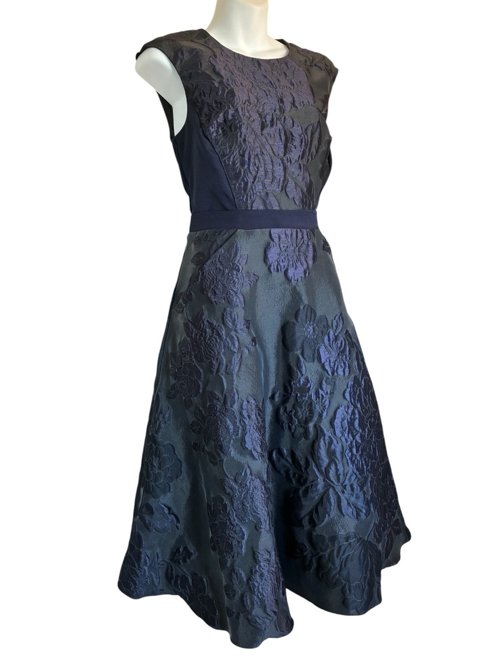 Phase Eight Dress women's 10, Navy Floral Jacquard Fit-and-Flare, Back Zip, EUC